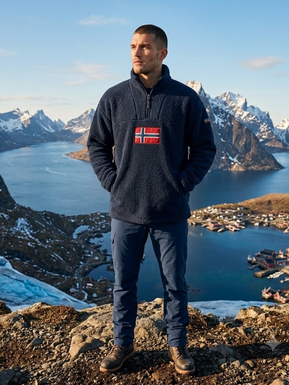 Napapijri Geographic Men's XXL Blue 1/4 Zip Deep Pile Sherpa Fleece Jacket